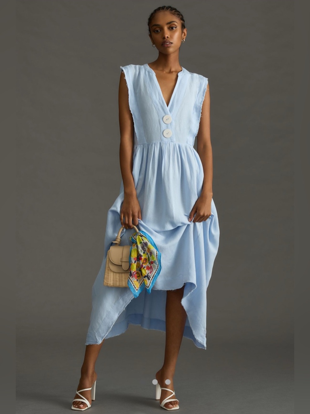 Maeve Anthropologie V-Neck Apron Midi Linen Sleeveless Dress Blue Size MP